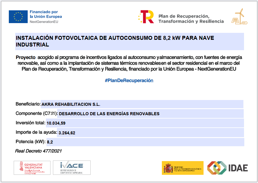 Akra Rehabilitación - subvención autoconsumo
